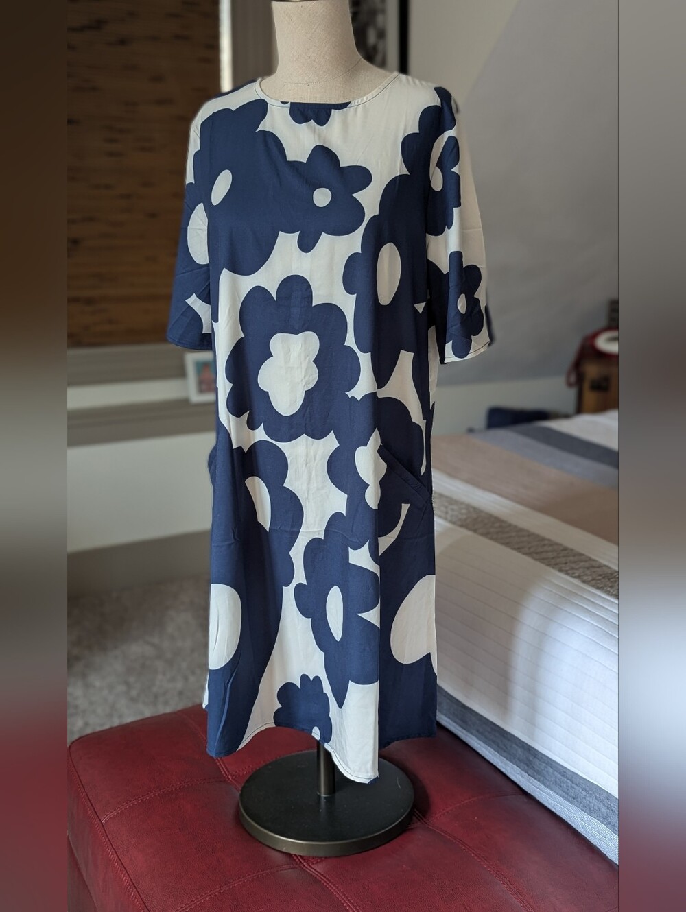 Navy & White Floral Shift Dress/ Swim Cover-up - Picture 6 of 6